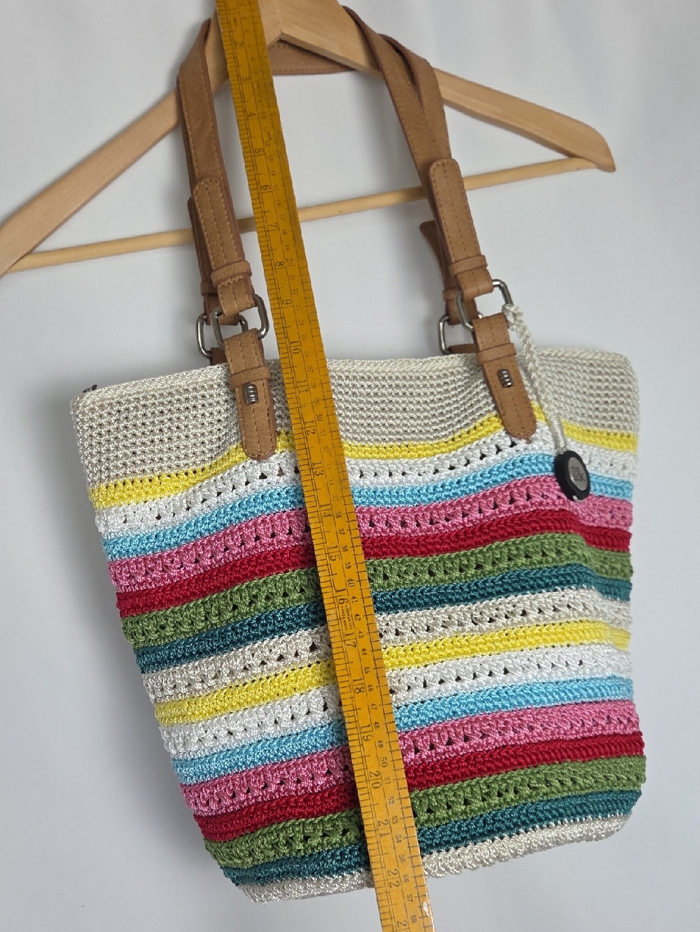 The Sak Rainbow Stripe Crochet Shoulder Bag Multicolor Tote Purse Zipper Close - Picture 12 of 13